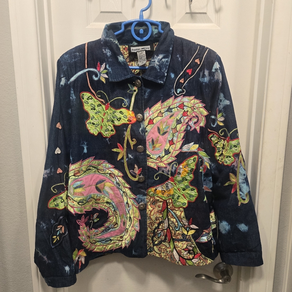 Indigo Moon Colorful Embroidered Denim Jacket Size XL